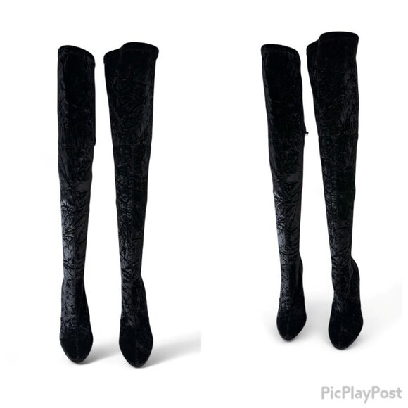 Stuart Weitzman Black Vidaland 100 Over the Knee Crushed Velvet Boots 7 NWOB - Picture 7 of 16